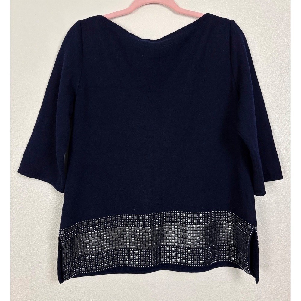 St John Navy Blue Wool Blend Studded Hem Knit Top 3/4 Sleeve Boatneck - Picture 2 of 9
